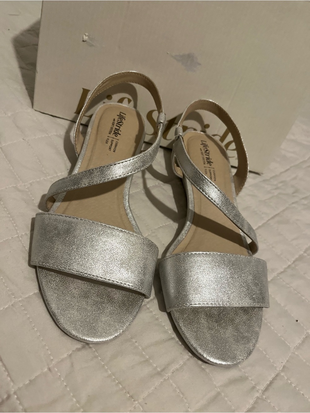 Life Stride Silver Metallic Crisscross Strap Sandals